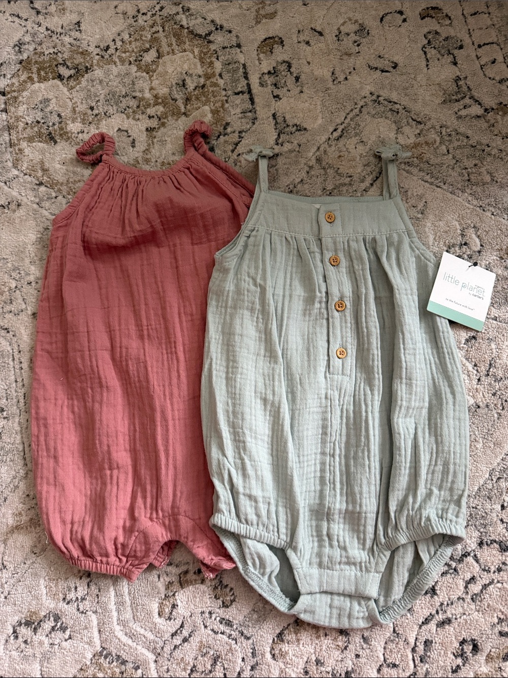 Little Planet Set of Two Rompers- Sage Green and Pink
